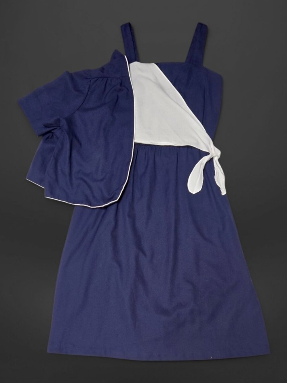 Vintage 70s Navy Blue Preppy Tie Wrap Bolero Dress Set (Size 18)